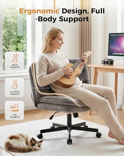 COMHOMA Criss Cross Office Chair with Wheels Armless Desk Chair Comfy, Modern Vanity Chair for Home Bedroom, Comfortable Wide Seat for Lower Back Pain Relief, Soft Velvet, Gray