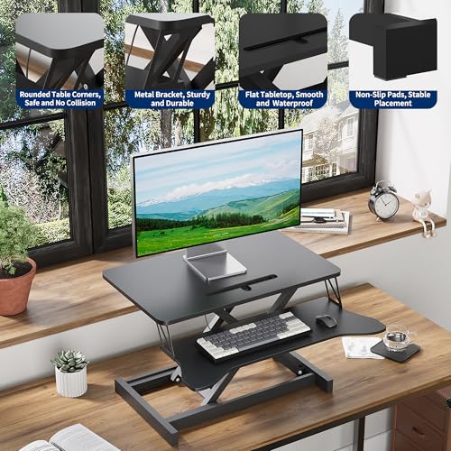 Panana Standing Desk Converter, Height Adjustable Sit to Stand Up Workstation, Dual Monitor and Laptop with Wide Keyboard Tray for Home Office (25.6")