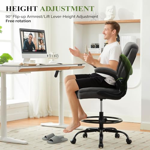 Drafting Chair Tall Office Chair for Standing Desk, Ergonomic Tall Desk Chair with Adjustable Foot Ring, Flip-Up Armrests, Lumbar Support, Comfortable Fabric Seat – Ideal for Home and Office Use