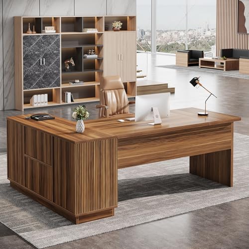 Tribesigns 70.8-Inch Executive Desk, L-Shaped Desk with with File Cabinet, Large Modern Office Desk with Storage Shelves, Fluted Business Furniture Workstation for Home Office, Walnut Brown