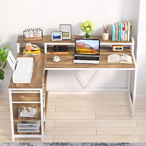 Tribesigns L Shaped Desk with Drawers and Monitor Stand, L Corner Desk with Storage Shelves, Beige Wooden PC Table for Samll Home Office