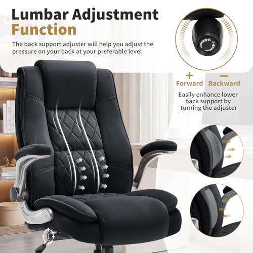 Fabric High Back Office Chair with Lockable Quiet Casters, Thick Padded Ergonomic Computer Chair- Adjustable Lumbar Support & Flip-Up Arms, Wide Executive Desk Chair for Back Pain, 400LBS Capacity