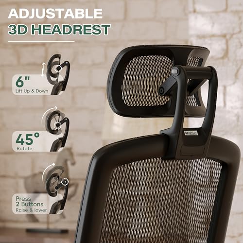 GABRYLLY Ergonomic Office Chair with Footrest, High Back Home Desk Chair - 3D Headrest, Flip-Up Arms, 135° Tilt and Wide Cushion, Heavy Duty Mesh Chairs for Task Computer Gaming, GYB01-FT