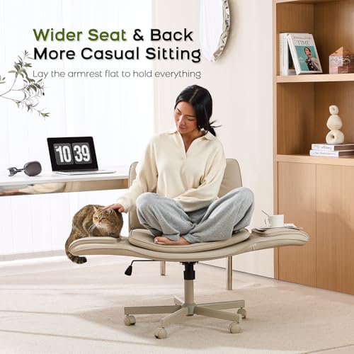 amseatec Criss Cross Office Chair, PU Leather Vanity Chair with 5-Level Adjustable Armrests & Swivel, Ergonomic Criss Cross Chair for Home Office Bedroom Makeup（Cream）