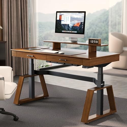 EUREKA ERGONOMIC 63" Standing Desk with Drawers, App Controlled Adjustable Desk, Executive Sit Stand Desk, Modern Home Office Computer Desk with Monitor Stand, Golden Walnut