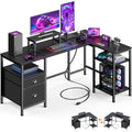 Furologee L Shaped Gaming Desk with Power Outlet, Corner Computer Desk for Home Office, Reversible 50 Inch Work Study Table with File Drawer, Monitor Stand, Storage Shelves, Black