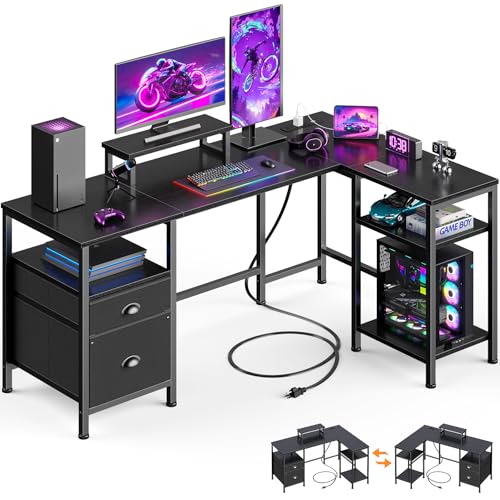 Furologee L Shaped Gaming Desk with Power Outlet, Corner Computer Desk for Home Office, Reversible 50 Inch Work Study Table with File Drawer, Monitor Stand, Storage Shelves, Black