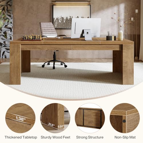 Tribesigns Executive Office Desk, 70.9-Inch Large Farmhouse Wooden Computer Desk with Sturdy Double Pedestal Legs, Writing Workstation Business Furniture for Home Office (Brown)