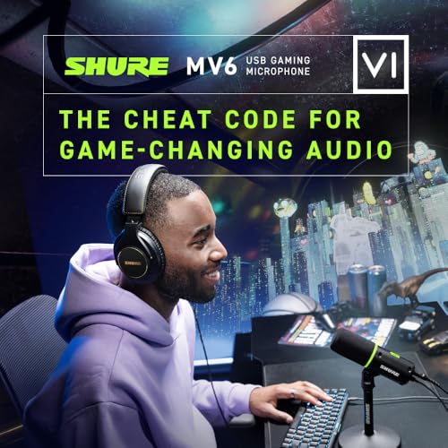 Shure MV6 USB Gaming Microphone for Streaming, Podcasting & Recording - Dynamic USB-C Mic with Voice Isolation, Auto Level Mode, DSP Audio Control & Headphone Monitoring, Black
