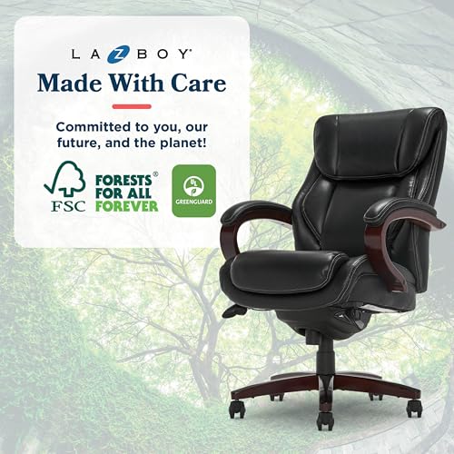 La-Z-Boy® Bellamy Executive Office Chair with Memory Foam Cushions, Real Wood Arms and Swivel Base, Waterfall Seat Edge, Faux Bonded Leather, Black