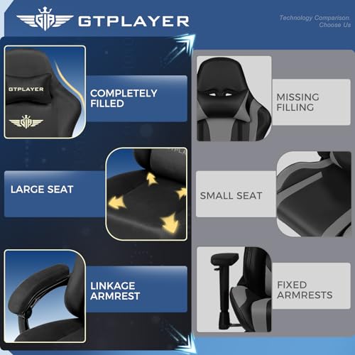 GTPLAYER Big and Tall Gaming Chair Fabric with Pocket Spring Cushion, High Back Ergonomic Computer Chair with Footrest for Adults Lumbar Support Swivel Game Chair for Office Gaming 350LBS, Black
