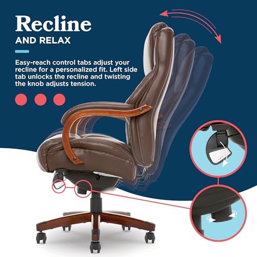 La-Z-Boy Delano Big and Tall Executive Office Chair - Ergonomic Lumbar Support Memory Foam - Bonded Leather Desk Chair for Home Office - Mahogany Wood Arms - Chestnut Brown