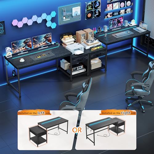 56 Inch Gaming Desk with Printer Shelf and LED Lights,Reversible Computer Desk with Drawers and Power Outlets,Study Table with Hooks for Headphone,Bags,Black Desk Work Desk for Teen Bedroom,Dorm