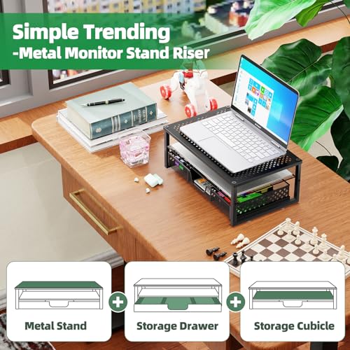 Simple Trending Metal Monitor Stand Riser and Computer Desk Organizer with Drawer for Laptop, Computer, iMac, Black