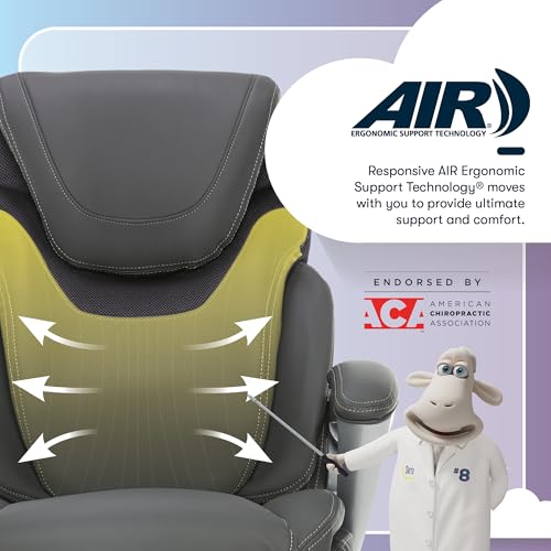 Serta Bryce Executive Office Chair - Ergonomic Computer Desk Chair with Patented AIR Lumbar Technology - Adjustable Height - Memory Foam Body Pillows - 360° Swivel Rolling Base - Bonded Leather - Gray