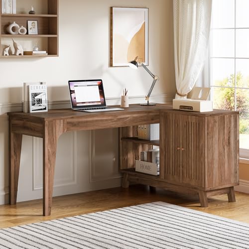 Tribesigns L-Shaped Desk with Storage Cabinet, 57-Inch Wood Corner Workstation, Home Office Computer Desk, Study Writing Table for Bedroom, Walnut