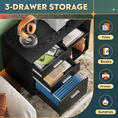 DEVAISE 3 Drawer Mobile File Cabinet, Wood Lateral Filing Cabinet, Printer Stand with Open Shelves for Home Office, Black