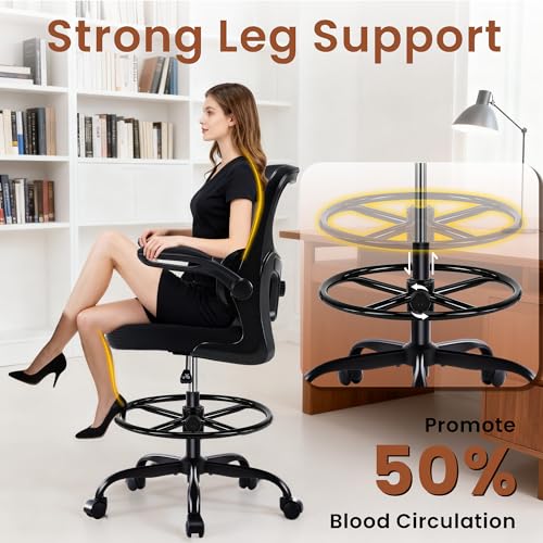 AreShark Drafting Office Chair - Ergonomic Tall Office Chair with Adjustable Footrest Ring - Counter Height Adjustable Rolling Standing Desk Chair with Lumbar Support and Flip-up Armrests for Home
