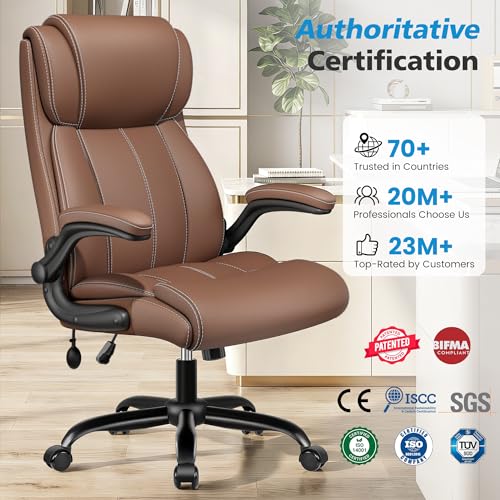 Stella Mia Ergonomic Office Chair – High Back Leather Desk Chair with Adjustable Lumbar Support & Flip-Up Arms, Premium Padded Seat for Home Office Desk, Brown