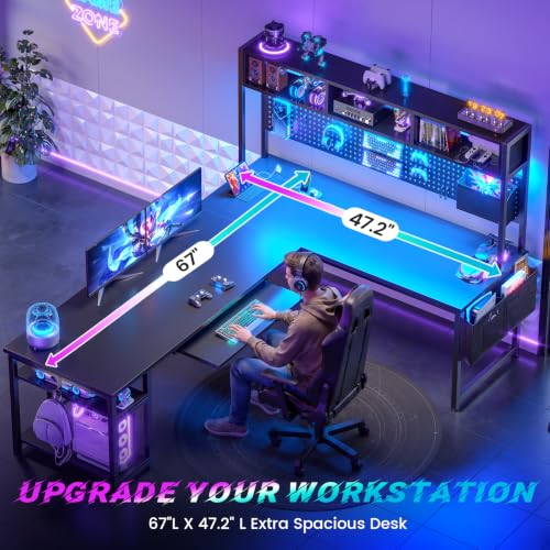 SEDETA L Shaped Gaming Desk, Reversible Computer Desk with Power Outlet and Pegboard, Gaming Desk with Led Lights, Keyboard Tray and Storage Bag for Home Office, Black