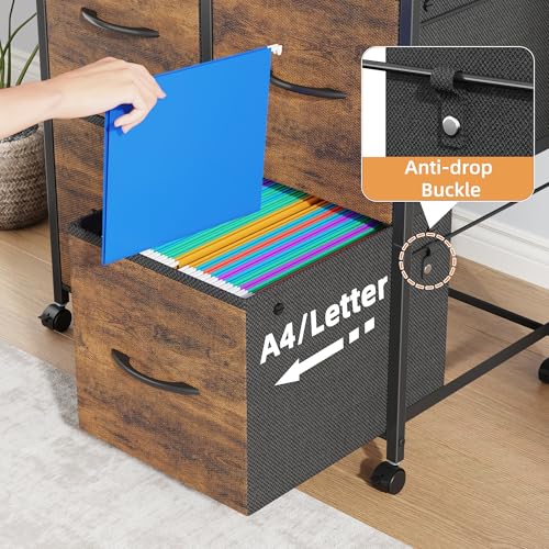 HIGDBFE 4 Drawer Lateral File Cabinet, Mobile Filing Cabinet for Large Printer, Home Office Functional Office Storage Cabinet & Printer Stand, Fits Letter/A4, Fabric Drawer, Rustic Brown