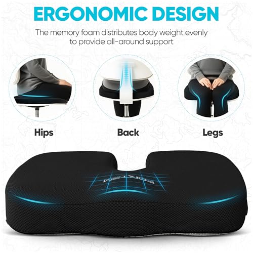 FORTEM Seat Cushion, Office Chair Cushion, Memory Foam Car Seat Cushions, Sciatica Coccyx Tailbone Pain Relief, Chair Cushions for Back Support, Sitting Pad for Gaming, Washable Cover, Non Slip