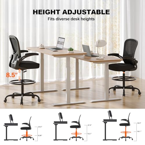 Synorla Ergonomic Drafting Chair, Tall Office Chair with Flip-up Armrests, Breathable Mesh High Desk Chair with Lumbar Support Adjustable Footrest Ring for Standing Desk Black