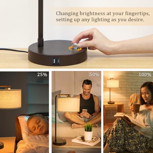 25" Tall Table Lamp with USB C+A Ports, Fully Stepless Dimmable Modern Minimalist Bedside Nightstand Lamp, Reading Desk Lamp for Bedroom, Living Room, Study Room, Office, 9W 3000K LED Bulb Included