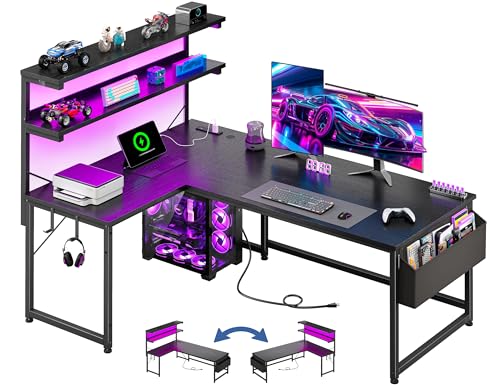 DurayLoly 53 Inch L Shaped Desk Gaming Desk with LED Light & 5 Power Outlet, Reversible Computer Desk with Shelf & Storage Bag Gamer Corner Desk with Headphone Hook for Gaming Room,Small Space,Black