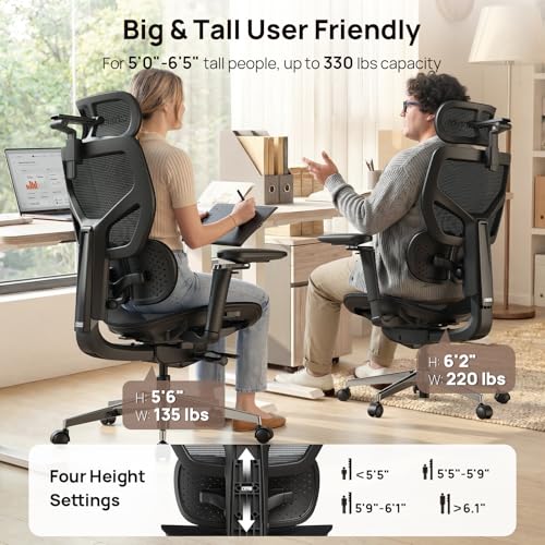 Ergonomic Office Chair with Lumbar Support - Over 10 Hours Sitting Comfortable, Mesh Big and Tall Home Computer Desk Chairs, 4D Headrest, 630° Armrst, Seat Depth Adjustable, 330 LBS