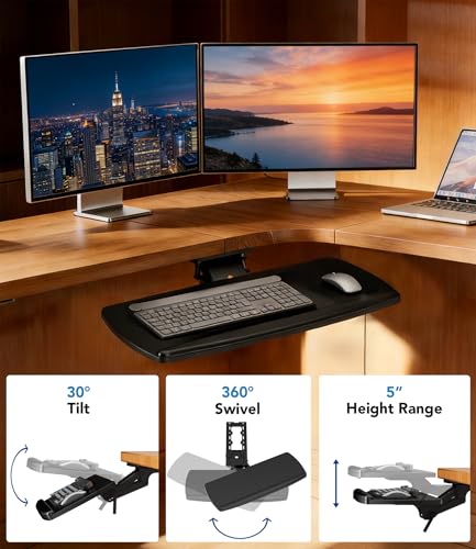 AX WABER Keyboard Tray Under Desk with Storage Drawer, Height Adjustable Keyboard Tray Slide Out 360° Swivel Tilt, Ergonomic Under Desk Mount Keyboard & Mouse Holder for Gaming Home Office, Black