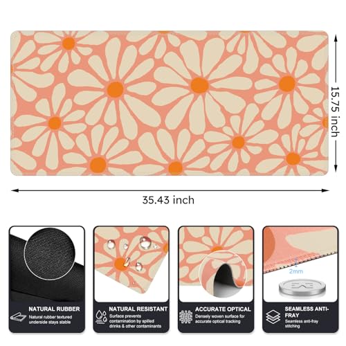 iCasso Desk Mat, Desk Matt for Desktop, Cute Desk Pad Mat, XXL Large Mouse Pad for Desk, Anti-Slip Big Mousepad with Stitched Edges, Keyboard Pad Mouse Mat for Computer, Work, Gaming (Orange Floral)