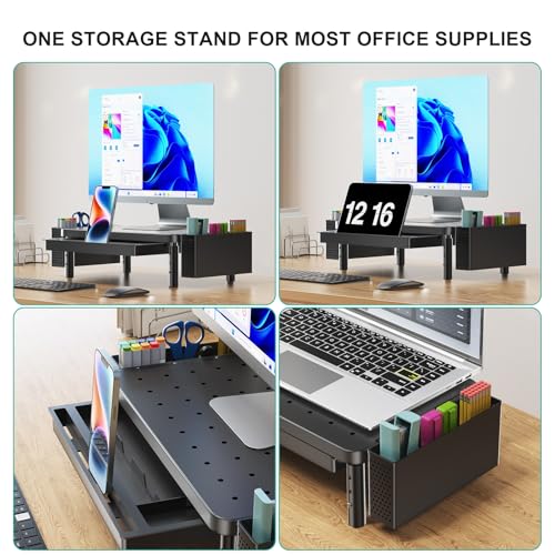 WALI Bundles- Computer Monitor Stand with Storage and Desk File Organizer, 4 Tier Desktop Paper Letter Tray Organizer with Drawer and 2 Pen Holders (PTT003-B+DO005DH-B)