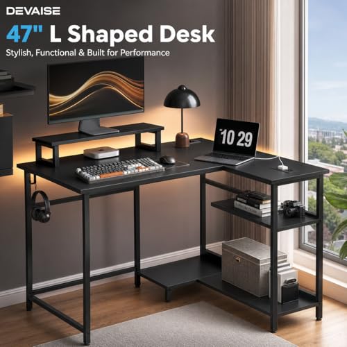 DEVAISE 47" L Shaped Gaming Desk with LED Lights and Power Outlets - Spacious Corner Computer Table with Monitor Stand and Storage Shelves for Work and Gaming, Black
