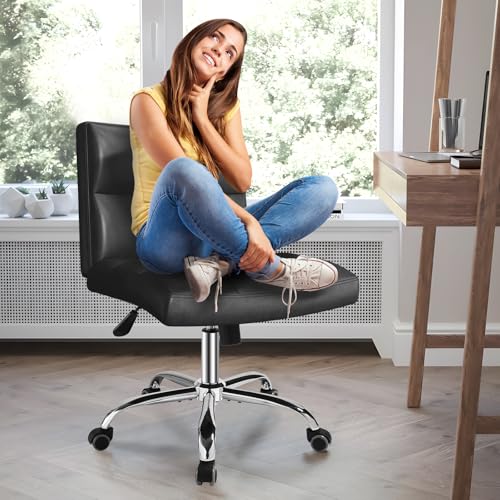 OUTMASTER Black Office Chair with Wheels - 360° Swivel Armless Back Support，Comfortable Pu Adjustable Rolling Desk Chairs for Office，Home，Vanity，Bedroom，Big Space (Widened Black)