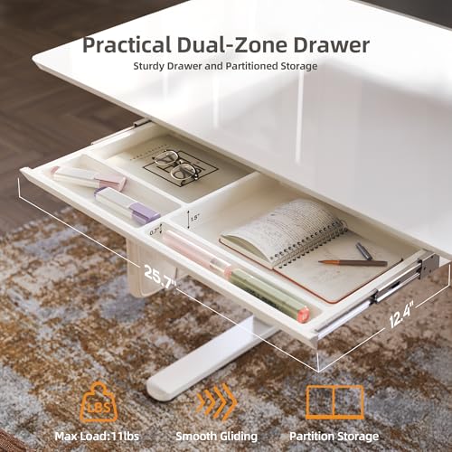 Claiks Glass Standing Desk with Drawers, 48×24 Inch Electric Adjustable Height Stand Up Desk Quick Install Computer Desk, White