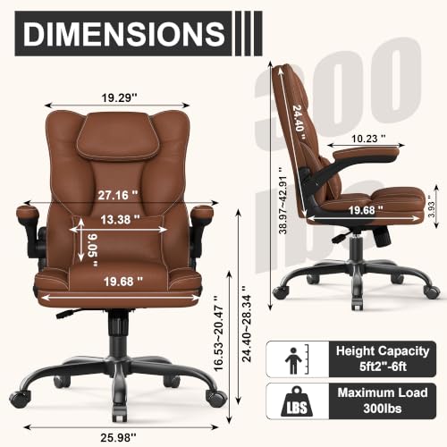 Ergonomic Office Chair with Flip-up Armrests, 300lbs Mid Back Computer Desk Chair with Lumbar Support, Executive Leather Chair with Rocking Function Adjustable Height for Home Office