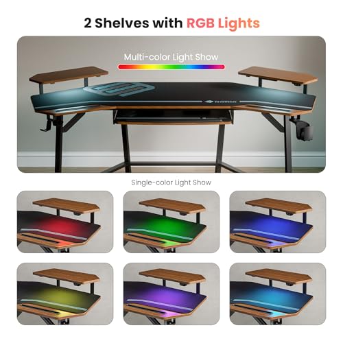 EUREKA ERGONOMIC 72" Gaming Desk W Keyboard Tray, Wing-Shaped Music Studio Desk, Large Computer Table W LED Convertible Monitor Stand Dual Headphone Hanger for Recording Live Streamer, Walnut Wood