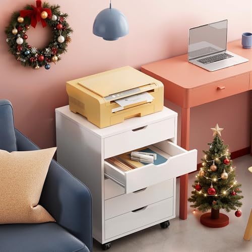 DEVAISE 5-Drawer Filing Cabinet Under Desk, Wood Storage file Cabinet with Wheels, White