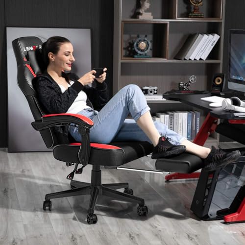 LEMBERI Big and Tall Gaming Chair 400lb Capacity, Heavy-Duty Office Chair with Reinforced Footrest, Wide Seat High Back PC Desk Chair with Linkage Armrests, Thickened Steel Frame, PU Leather, Red