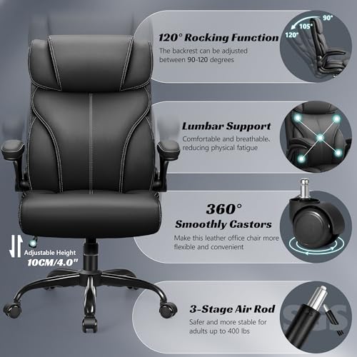 HeroSet Office Chair, Ergonomic Big and Tall Computer Desk Chairs, Executive Breathable Leather Chair with Adjustable Flip-up Armrests, Lumbar Support Swivel PC Chair with Rocking Function,Matte Black