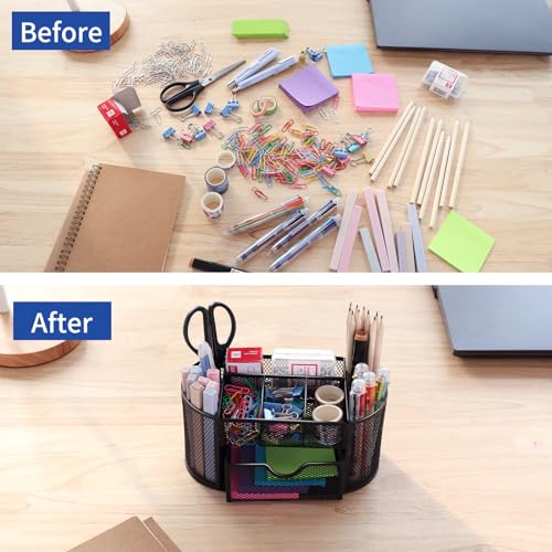 EOOUT Desk Organizer, Pencil Holder for Desk, Mesh Office Desk Accessories with 8 Compartments and 1 Drawer Stationery Holder School Supplies