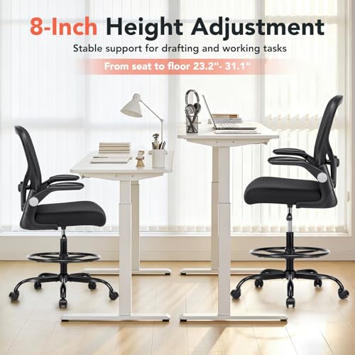 shipborne Drafting Chair, Tall Office Chair for Standing Desk, Mesh High Desk Chair with Flip-Up Armrests, Ergonomic Office Chair with Lumbar Support, Adjustable Footrest Ring Studio Chair, Black