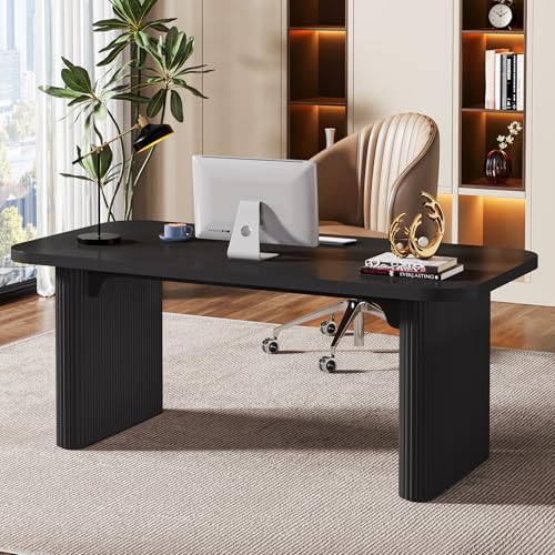 Tribesigns 62-Inch Modern Executive Desk, Wood Office Desk, Large Aesthetic Computer Desk with Double Pedestal, Workstation for Home Office (Black)