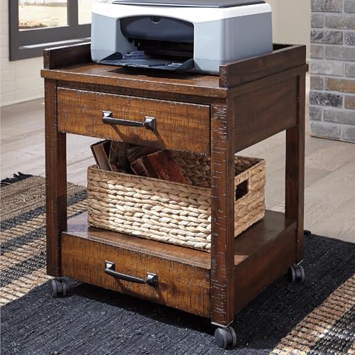 Signature Design by Ashley Baldridge Office Printer Stand, Storage, Electrical Outlets, USB Charing Ports, Wood, 21" W x 18" D x 24.63" H, Brown