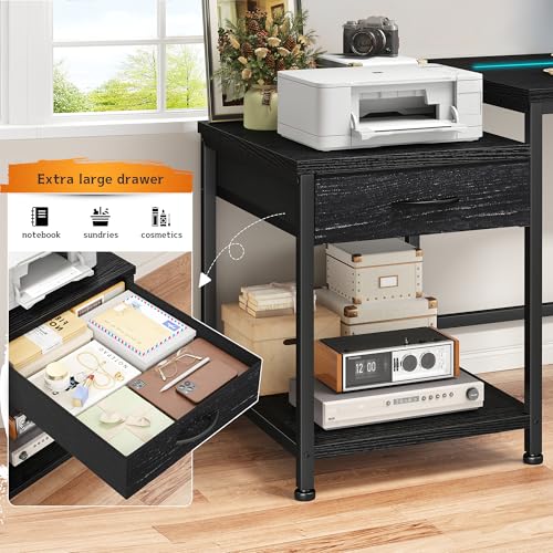 56 Inch Gaming Desk with Printer Shelf and LED Lights,Reversible Computer Desk with Drawers and Power Outlets,Study Table with Hooks for Headphone,Bags,Black Desk Work Desk for Teen Bedroom,Dorm