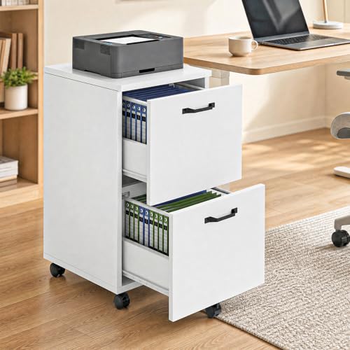 Sweetcrispy 2 Drawer Filing Cabinet White, Rolling Wood File Cabinets, Home Office Organizer, Under Desk Storage Lockable Wheels, Printer Stand, Storage Cabinet, White