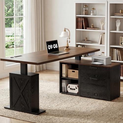 Homiflex 67" L Shaped Standing Desk with Drawers, Electric Height Adjustable Corner Desk, Sit Stand Office Desk with 4 AC Outlets & Type C Port, Executive Computer Desk with Cabinet, Brown & Black