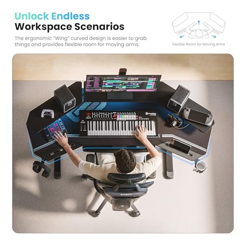 EUREKA ERGONOMIC Gaming Desk, Standing Desk w Keyboard Tray, 72" Wing Shaped Music Studio Table with LED Shelves, Gaming Recording Live Stream, Slot Design