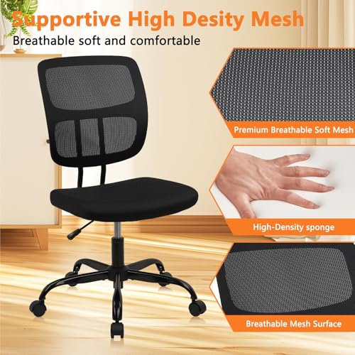 CLATINA Armless Home Office Chair, Small Ergonomic Mesh Back Desk Chair with Lumbar Support and Wheels, Adjustable Height 360° Swivel Rolling Computer Task Chair for Conference Waiting, Black
